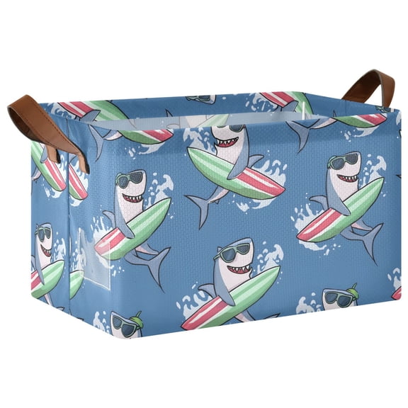 Shark with Surfboard Pattern Collapsible Storage Bin Open Home Shelf Basket Water-Resistant Iron Frame Large