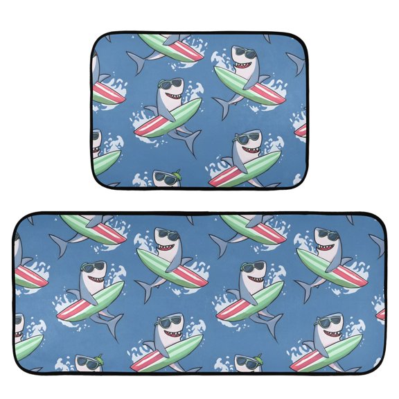 Shark with Surfboard Pattern Kitchen Mat 2 Piece Non Slip Absorbent carpet Floor Mat 19.7x27.6in+19.7x47.2in