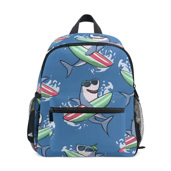 Shark with Surfboard Pattern Mini Backpack Cute Small Backpack with Chest Strap and Whistle Ages 3-8
