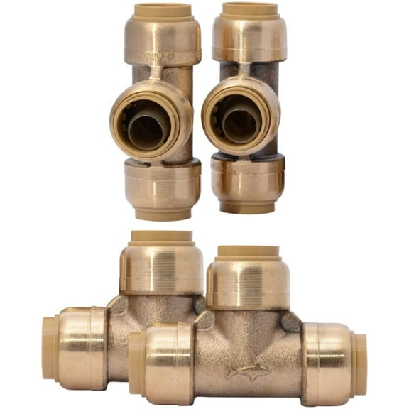 SharkBite 1/2 Inch Tee, Pack of 4, Push to Connect Brass Fitting, PEX Pipe, Copper, CPVC, PE-RT, HDPE, U362LFA4