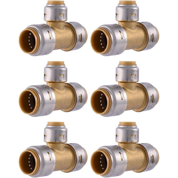 SharkBite Max 3/4 Inch x 3/4 Inch x 1/2 Inch Reducing Tee, Pack of 6, Push To Connect Brass Plumbing Fitting, PEX Pipe, Copper, CPVC, PE-RT, HDPE, UR412