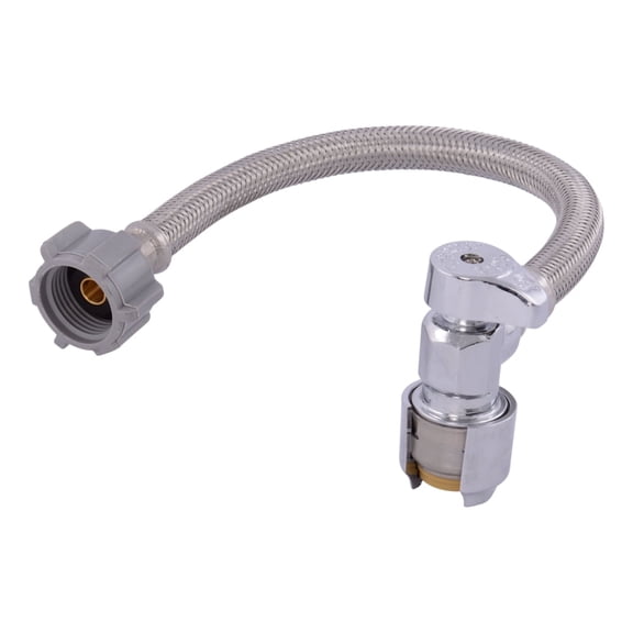 SharkBite Max 12 In. Stainless Steel Braided Toilet Connector with Angle Stop Valve, 1/2 Inch PTC x 7/8 Inch Ballcock, PEX Pipe, Copper, CPVC, PE-RT, HDPE, UR24656