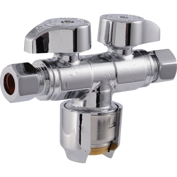 SharkBite SBDS123838 1/2 x 3/8 Inch Compression x 3/8 Inch Compression Brass Push to Connect Quarter Turn Dual Angle Stop Valve