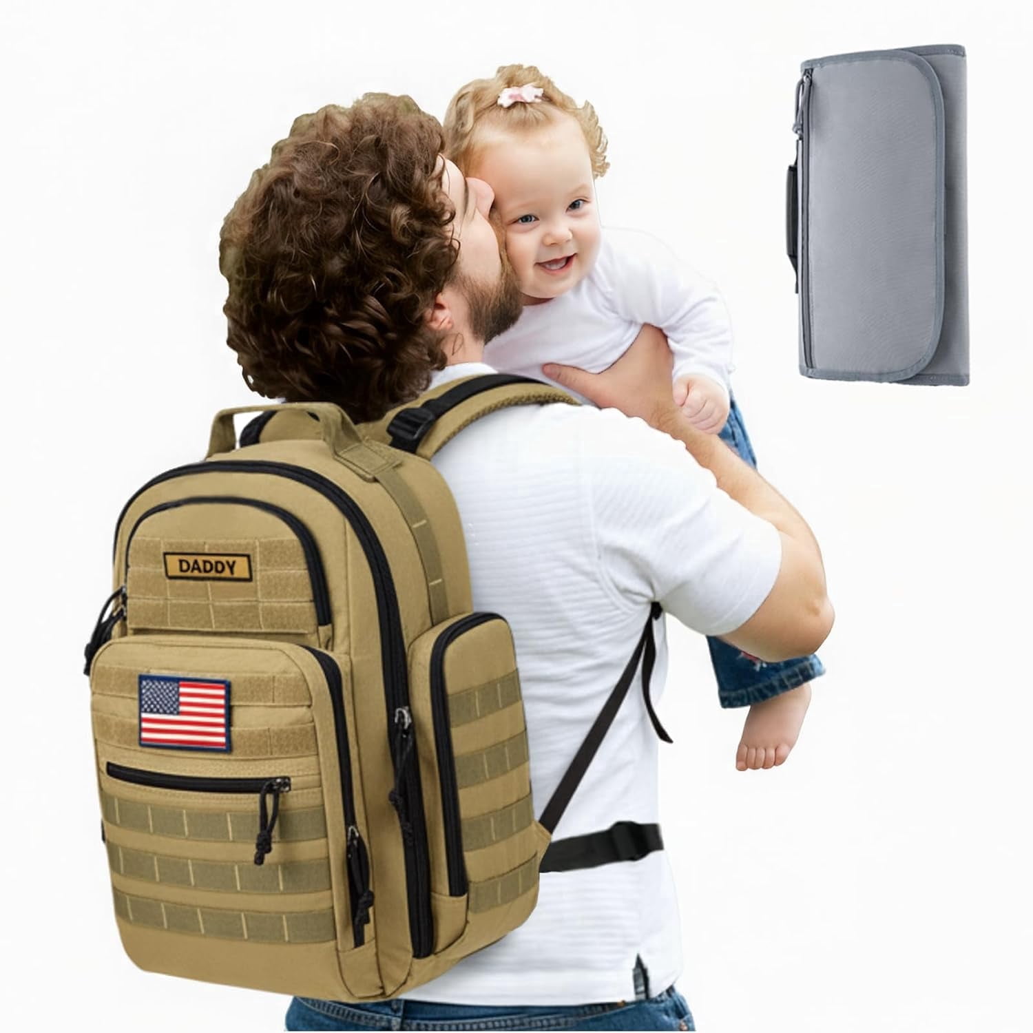 SharkMouth Baby Diaper Bag for Men - Large Military Daddy Gear Backpack with Changing Pad for Travel Camping Hiking - Army Style for Active Dad Tan
