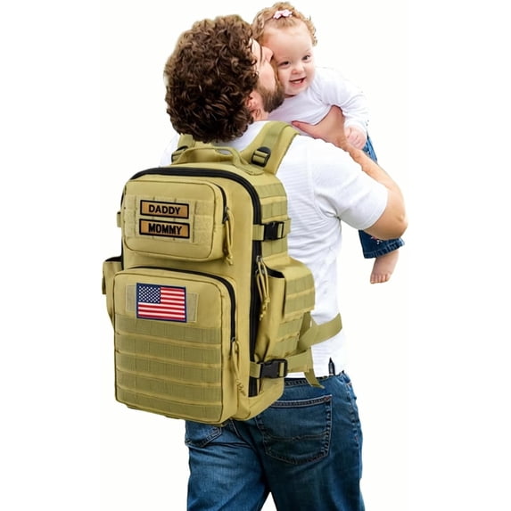 SharkMouth Military Diaper Bag for Dad: 900D Polyester Ripstop 300% Tougher - 40L Large Capacity for 72H Hiking/Camping Outdoor Activities - for Outdoor Enthusiast Dads (Tan)