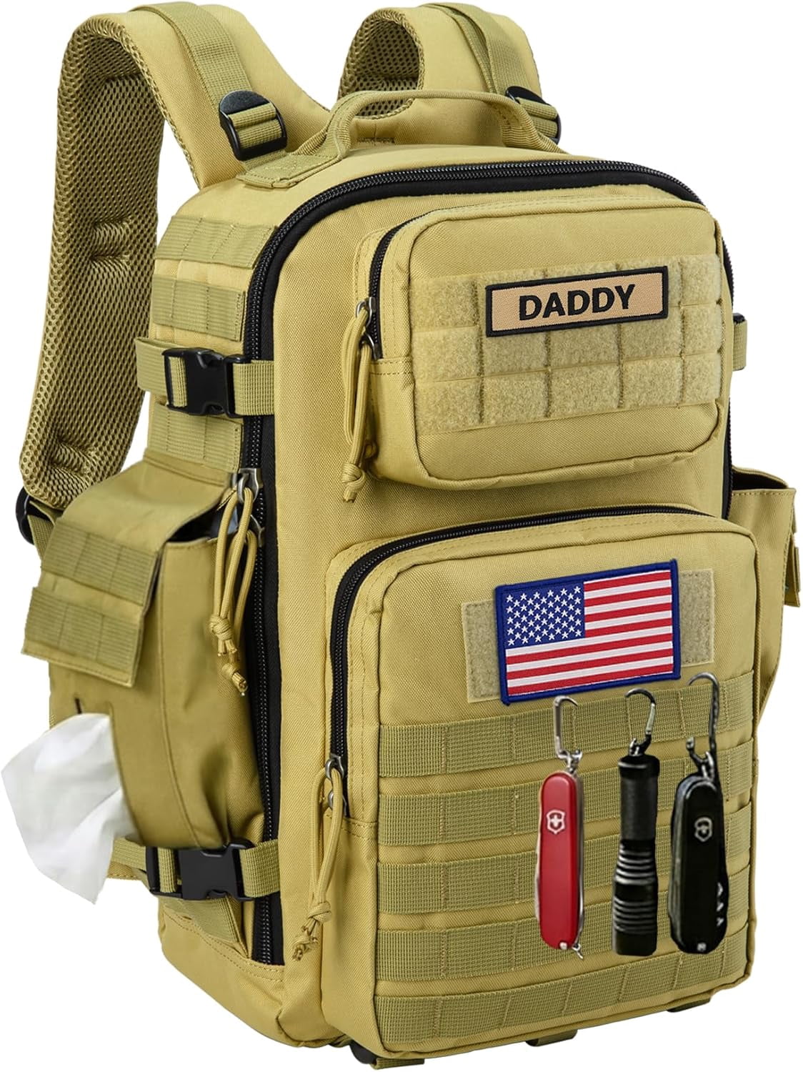 SharkMouth Military Diaper Bag for Dad: 900D Polyester Ripstop 300% Tougher - 40L Large Capacity for 72H Hiking/Camping Outdoor Activities - for Outdoor Enthusiast Dads (Tan)
