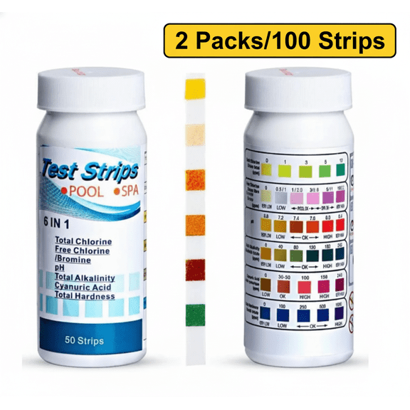 SharkTRUE 100-Pack Swimming Pool Water Test Strips 6-in-1 for Chlorine, pH, Alkalinity, Hardness & Cyanuric Acid, Hot Tub Spa