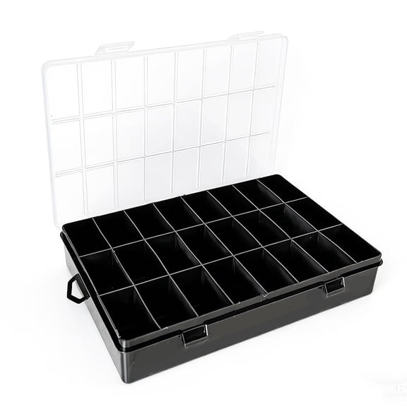SharkTRUE 24-Grid Plastic Storage Box with Fixed Compartments, Portable Organizer for Beads Crafts Small Items, Black, 7.7x5.1x1.4 Inch