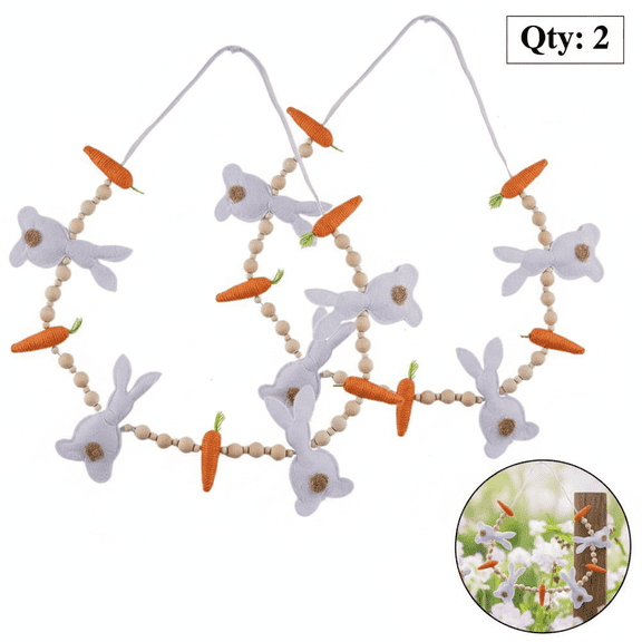 SharkTRUE 2Packs Easter Garland with Bunny & Carrot Felt Design - Wooden Bead Banner for Spring Home Decor, Wall Hanging, and Party Festivities