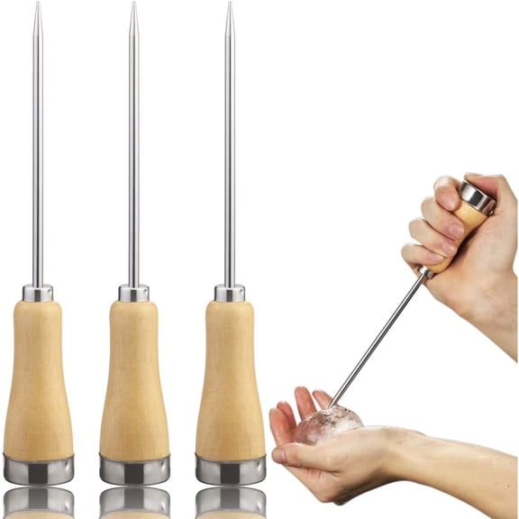 SharkTRUE 3-Pack Stainless Steel Ice Pick with Safety Wooden Handle for Kitchen & Bar Use