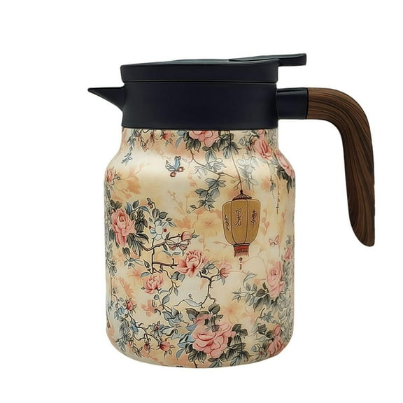 SharkTRUE 34OZ Stainless Steel Tea Thermoses with Infuser, Vintage Floral Pattern Thermal Coffee Carafe, Wooden Handle Teapot Tea Kettle Thermal Coffee Carafes for Keeping Hot Drinks