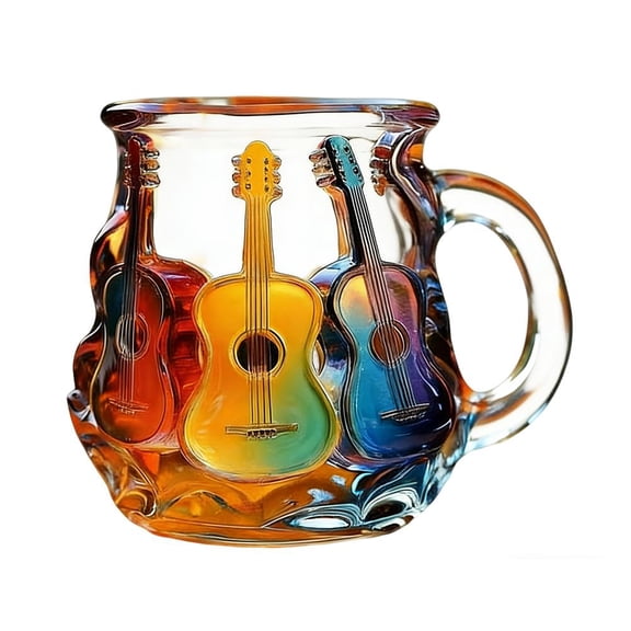 SharkTRUE 3D Guitar Art Glass Coffee Mug, 12oz Colorful Handcrafted Cup for Coffee, Tea, Milk, Artistic Music Lover Gift Unique Rainbow Mug for Men & Women, Home & Office