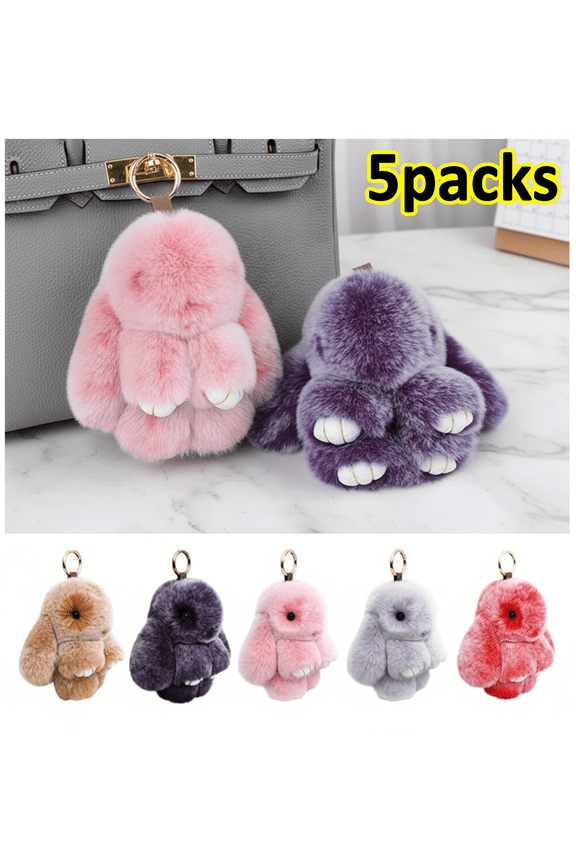 5Packs Fluffy Bunny Keychain Soft Plush Pom Pom, Cute Artificial Rabbit Fur Key Ring for Women, Handmade Christmas Gift for Bags Purses Keys, Adorable Bag Charm