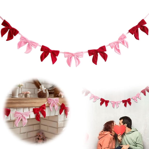 SharkTRUE 6.5 Foot Pink & Red Velvet Bow Garland for Valentines Day Decor - Home, Door, Wall & Mantel Party Decorations