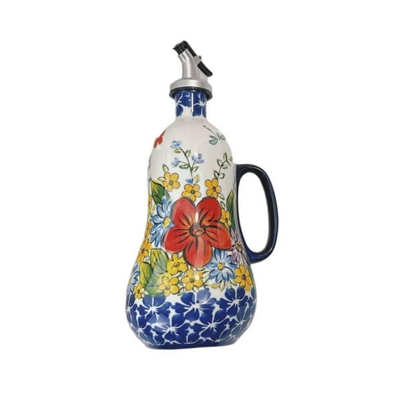 SharkTRUE Ceramic Oil or Vinegar Bottle Dispenser,Ceramic Olive Oil Dispenser Bottle 23oz,Hand Painted Olive Oil Bottles for Kitchen, Decorative Stoneware Olive Oil Cruet with Stainless Steel Spout
