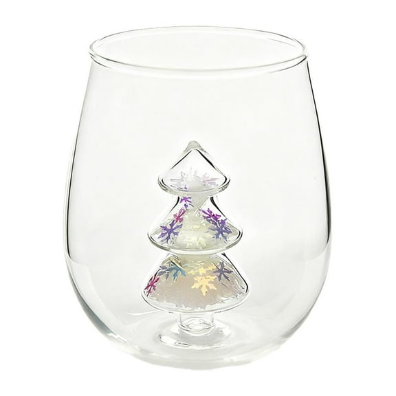 SharkTRUE Christmas Glasses Drinkware,Crystal Stemless Wine Glass,3D Wine Glass Cup with Christmas Tree,Xmas Tree Figures Inside Glitter for Home Bar Holiday Party,Unique Xmas Gifts and Decor