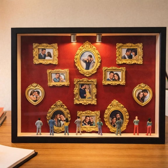 SharkTRUE DIY Mini Museum Shadow Box with Gold Frames & Figurines - 9.84" Memory Display Kit for Photos & Keepsakes