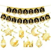 SharkTRUE Eid Mubarak Banner, 2 in 1 Ramadan Kareem Banner with Eid Mubarak Hanging Swirls Streamer Bunting, Ramadan Kareem Banner for Ramadan Decorations, Muslim Eid Mubarak Festival Garland Banner