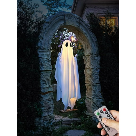 SharkTRUE Halloween Decorations Outdoor - 5 FT Large Hanging Swing Ghost Halloween Decor with String Lights - Spooky Cute Ghosts Decorations for Front Porch Yard Tree
