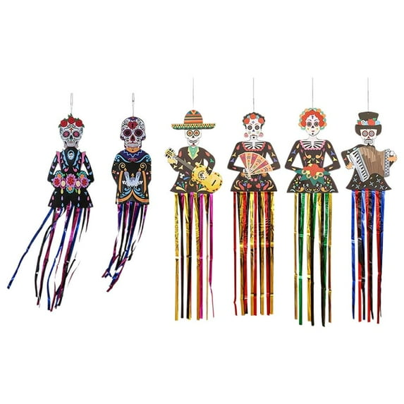 SharkTRUE Large Day of The Dead Decorations,Hanging Sugar Skull Decor with Foil Fringe,Dia De Los Muertos Decorations for Mexican Fiesta Halloween Day of The Dead Indoor & Outdoor