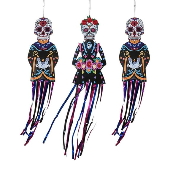 SharkTRUE Large Day of The Dead Decorations,Hanging Sugar Skull Decor with Foil Fringe,Dia De Los Muertos Decorations for Mexican Fiesta Halloween Day of The Dead Indoor & Outdoor