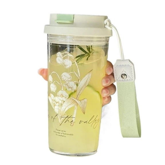 SharkTRUE Lily Patterned Travel Coffee Cup,summer Water Cup With High Value Cup Tea Water Separation Large Capacity Car Coffee Cup With Lid & Straw,Leakproof For HotIced Drinks600ml ()