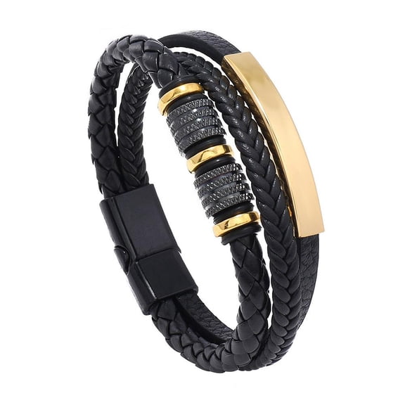 SharkTRUE Men Retro Punk Titanium Steel Leather Multilayer Braided Rope Bracelet UI