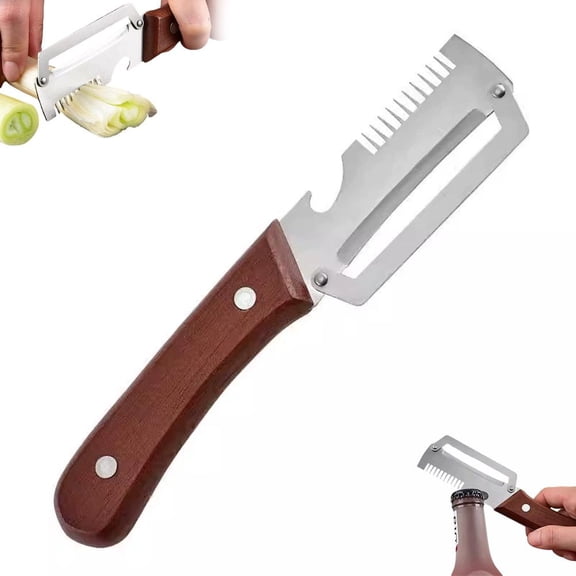 SharkTRUE Multi-Functional Vegetable Peeler for Kitchen with Solid Wood Handle, Stainless Steel Potato Peeler with Bottle Opener and Green Onion, Coffee