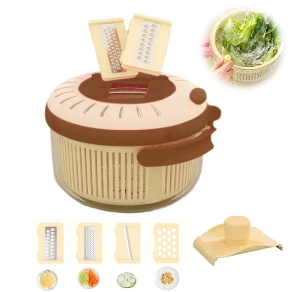 SharkTRUE MultiFunctional Vegetable ChopperCream Manual Food Processor withBlades (ShredSliceGrate), Integrated SpinDry & DraBasket,Hand Guard