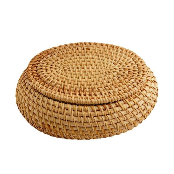 SharkTRUE Multifunctional Round Rattan Box with Lid Hand Woven Fruit Storage Food Tray Basket Office Wicker Bread Decor Picnic