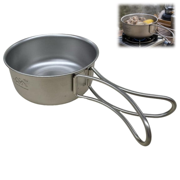 SharkTRUE Titanium-Coated Outdoor Cooking Pot with Foldable Handle, Lightweight Double-Wall Heat-Resistant Bowl, Portable Camping Cookware for Backpacking, Hiking & Daily Noodle Soup
