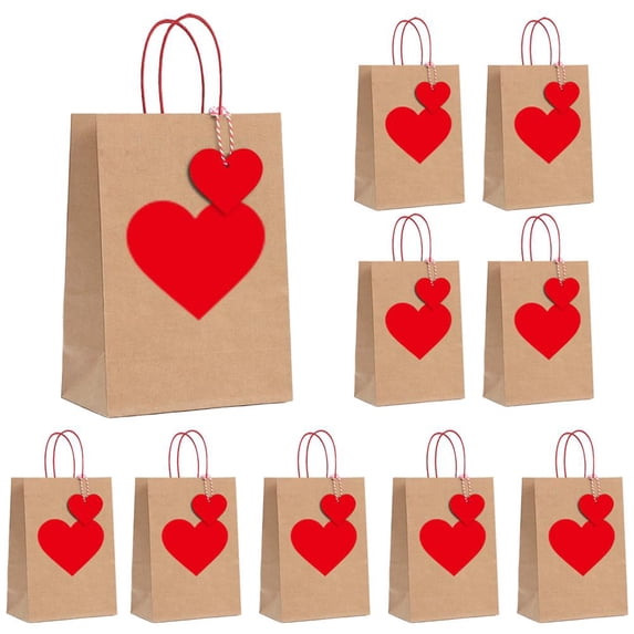 SharkTRUE Valentines Gift Bags with Tags,Brown Kraft Paper Heart Bags with Handles For Valentines Theme Bag Favor,Goodie Party