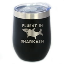 Sharkasm - Insulated Wine Tumbler with Sliding Lid - Funny Shark Gifts - Black 12oz