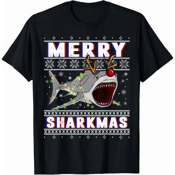 Sharkmas Ugly Sweater Style Funny Ocean Holiday Unisex T-Shirt up to size 5XL