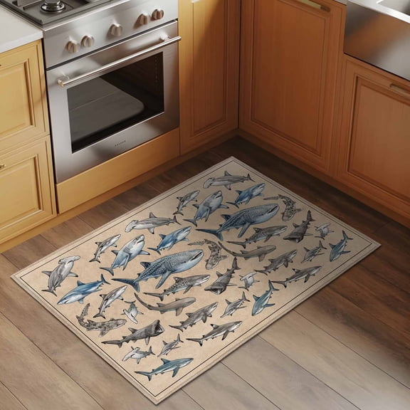Sharks 2x3 Rug for Entryway Front Door Kitchen Sink Area, Retro Ocean White Blue Brown Sharks Linen Texture Low Pile Washable Non Slip Rectangle Area Rug