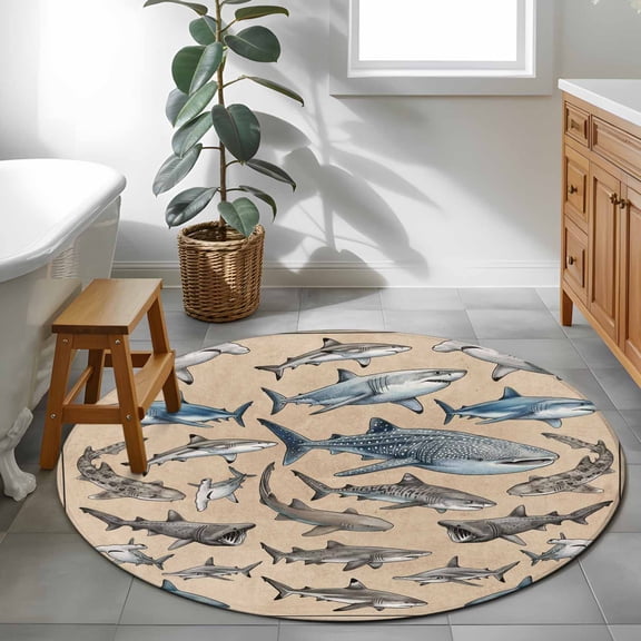 Sharks 4ft Round Rug for Cozy Reading Nook Home Office Chair Area, Retro Ocean White Blue Brown Sharks Linen Texture Washable Non Slip Circle Area Rug