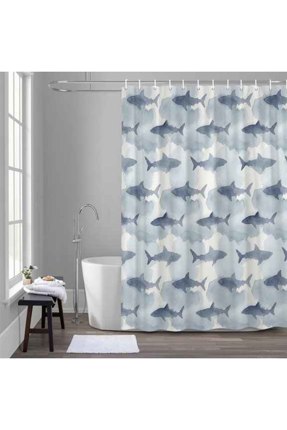 Sharks 60x72 Inches Waterproof Shower Curtain, Watercolor Gradient Grey Blue Shark Beige Blue Texture Bath Curtain Set with 12 Hooks Washable Shower Curtains for Bathroom Bathtub Decor