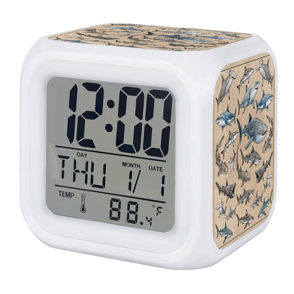 Sharks Alarm Clock, Retro Ocean White Blue Brown Sharks Linen Texture Digital Clock Night Light with 7 Color, Calendar Temperature Display, LED Desk Small Clock for Bedrooms Bedside Living Room