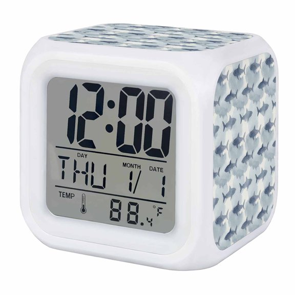 Sharks Alarm Clock, Watercolor Gradient Grey Blue Shark Beige Blue Texture Digital Clock Night Light with 7 Color, Calendar Temperature Display, LED Desk Small Clock for Bedrooms Bedside Living Room