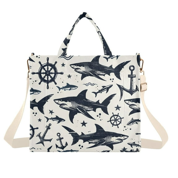 Sharks Anchors Corduroy Tote Bag Handbag Large Messenger Bag Shoulder Crossbody Zipper Bag Purse