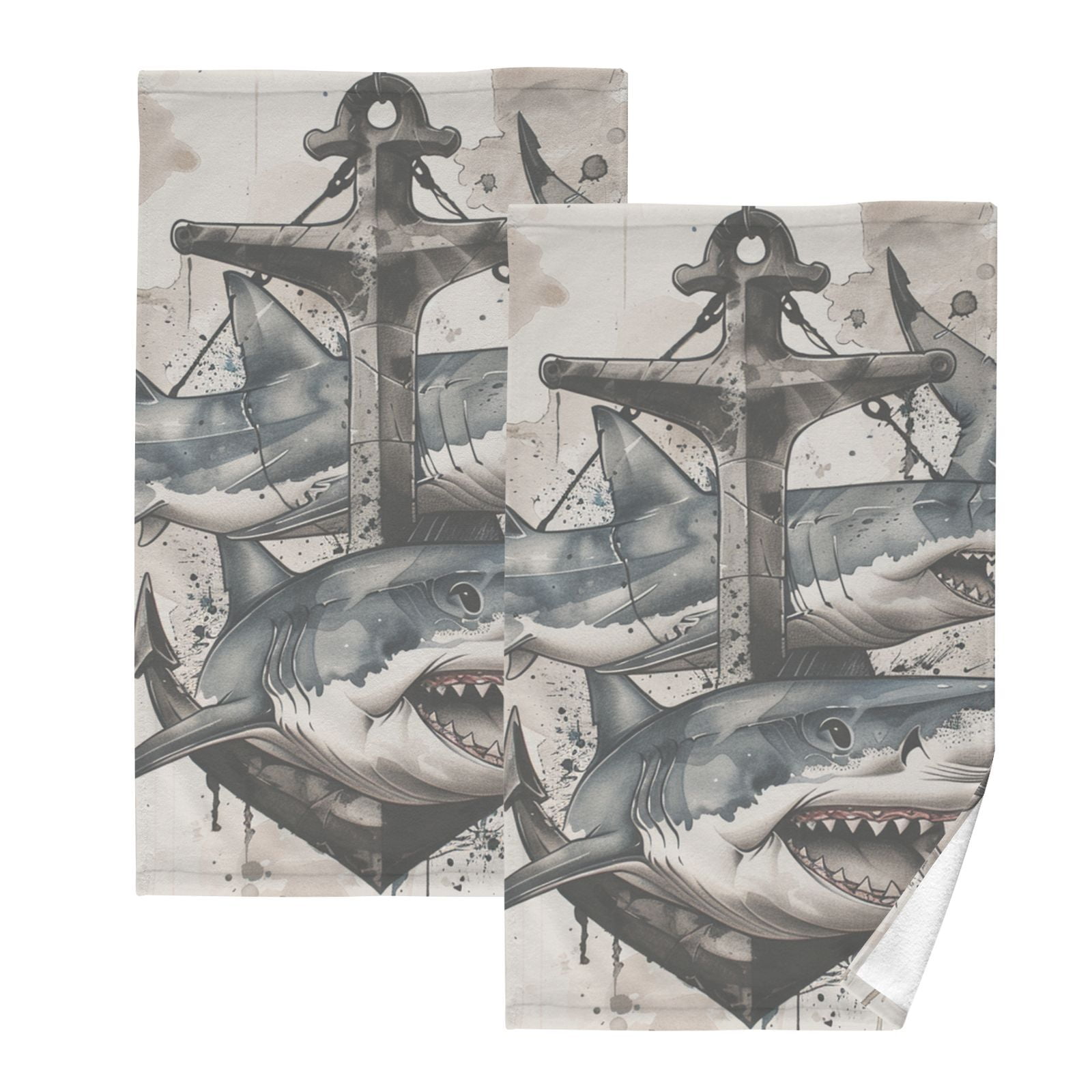 Sharks Anchors Hand Towels Cotton Bath Towels Large Face Towels Absorbent for Bathroom 2 Packs