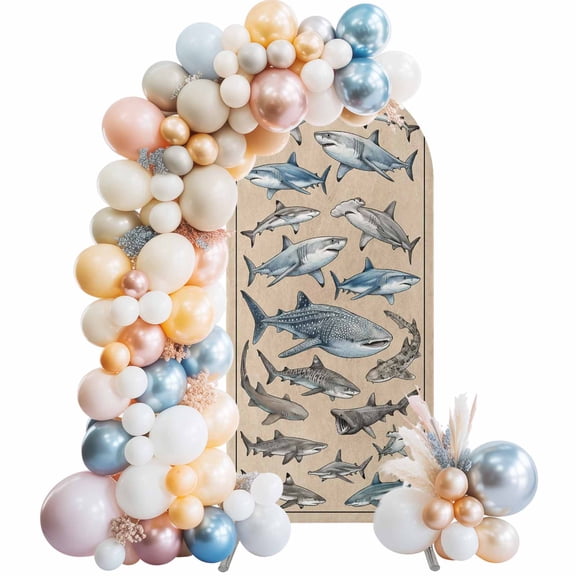 Sharks Arch Backdrop Cover 4 FT Retro Ocean White Blue Brown Sharks Linen Texture Stretchy Elastic Arch Stand Covers Spandex Arched Background Birthday Wedding Party Decoration (No Stand)