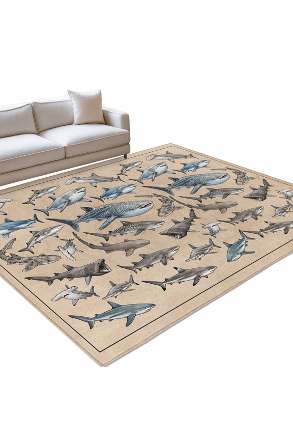 Sharks Area Rugs 4x6ft Retro Ocean White Blue Brown Sharks Linen Texture Floor Rug&nbsp;Non Slip Low Pile Ultra Soft Throw Carpet for Entryway Indoor Entrance Kitchen Bathroom