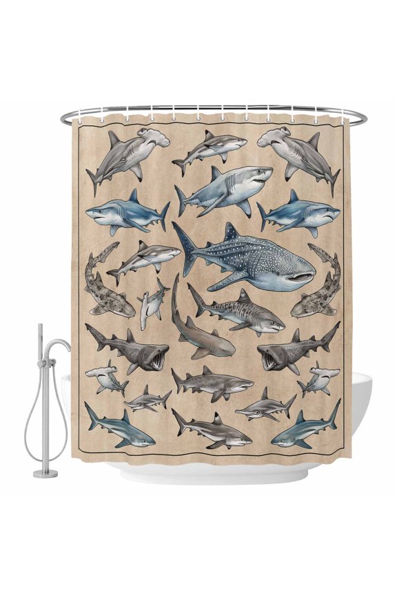 Sharks Bathroom Shower Curtains with Hooks, Retro Ocean White Blue Brown Sharks Linen Texture Waterproof Fabric Washable Shower Curtain for Home Hotel Bathtub Decor 54x78 Inch