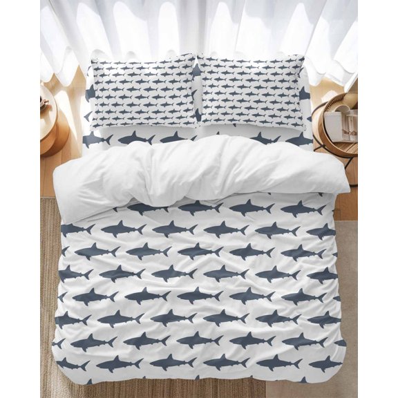 Sharks Bedding Duvet Cover Set Queen Size 4 Pieces Cartoon Animals Texture Modern Style Bedding Set with Zipper Closure, 1 Comforter Cover 90x90 Inches 1 Flat Sheet & 2 Pillow Cases