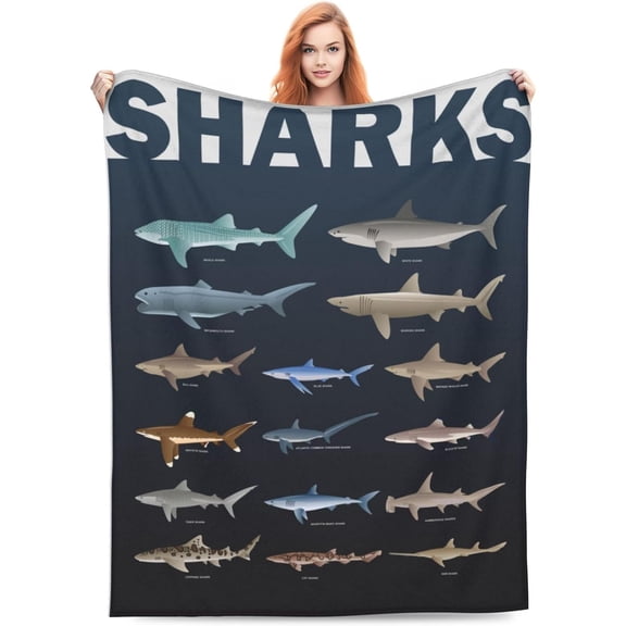 Sharks Blankets for Shark Lovers, Shark Lover Gifts for Kids, Gifts for Fish Lovers, Various Types of Sharks Themed 80" x 60" Bedroom Birthday Decorations Christmas Decor Travel All Season Art Retro