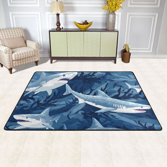 Sharks Blue Area Rug Washable 72 x 48 Floor Carpet Mat Non Slip for Bedroom Living Room Kids Room Home Decor