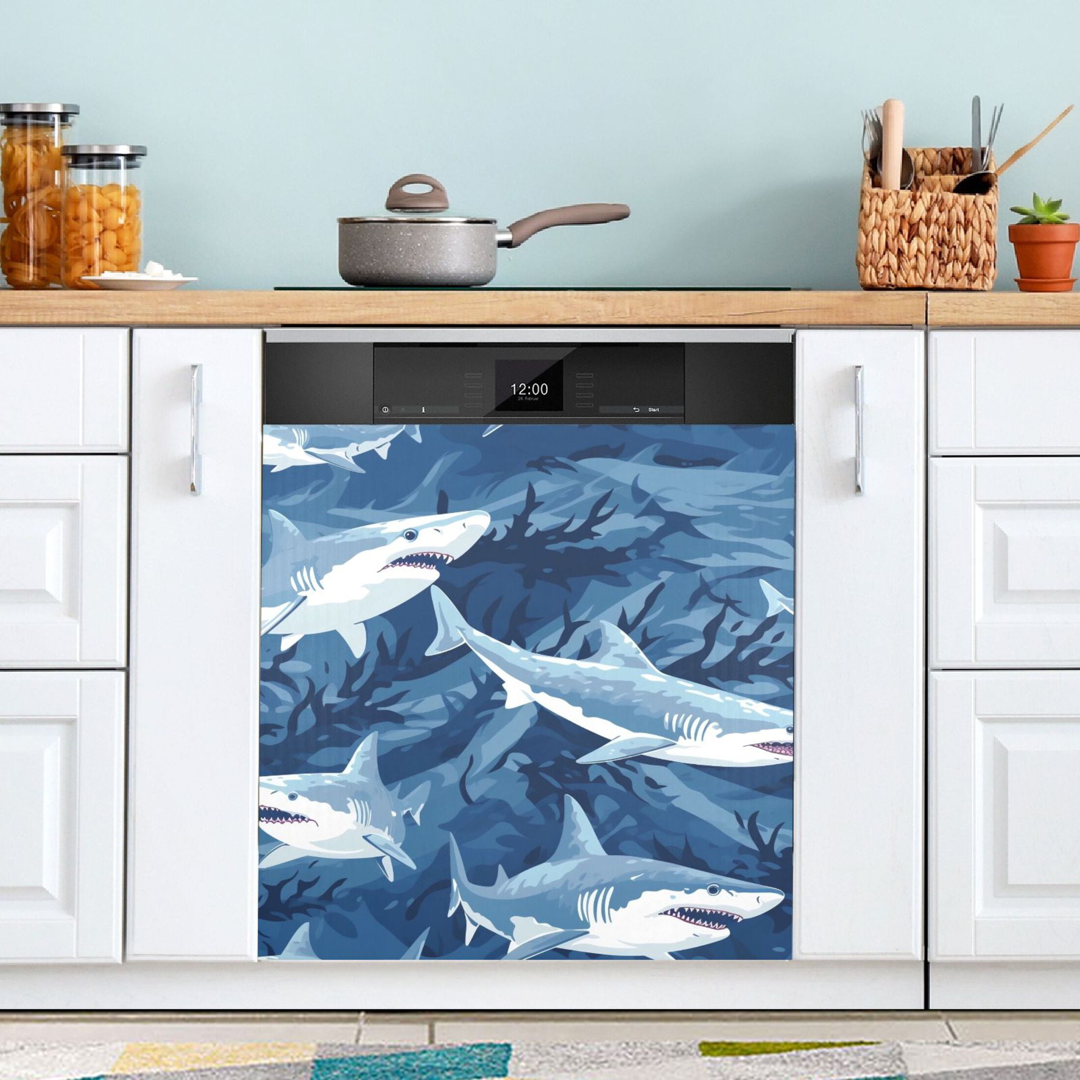 Sharks Blue Dishwasher Covers Sticker Kitchen Decor