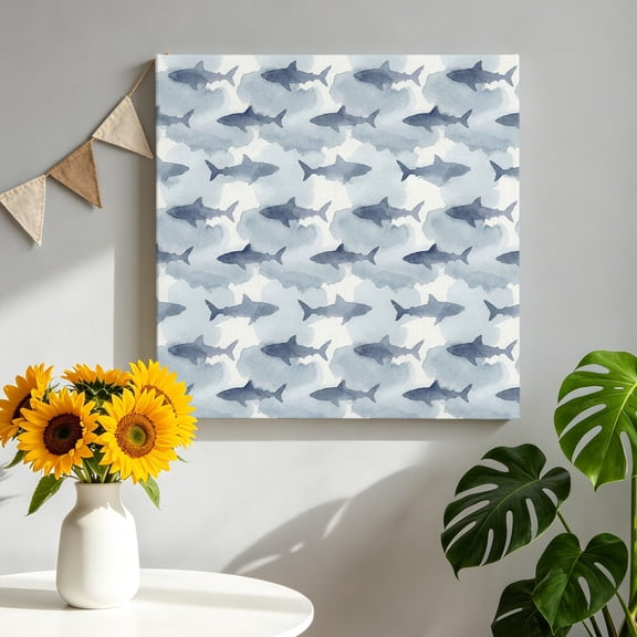 Sharks Canvas Wall Art, Watercolor Gradient Grey Blue Shark Beige Blue Texture Framed Canvas Wall Decor Picture Print Artwork Decorations for Living Room Office Ready to Hang 8" x 8"