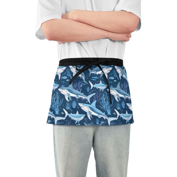 Sharks Coral Seaweed Server Apron with 3 Pockets Waterproof Waitress Waist Short Apron for Man Woman 12 Inches